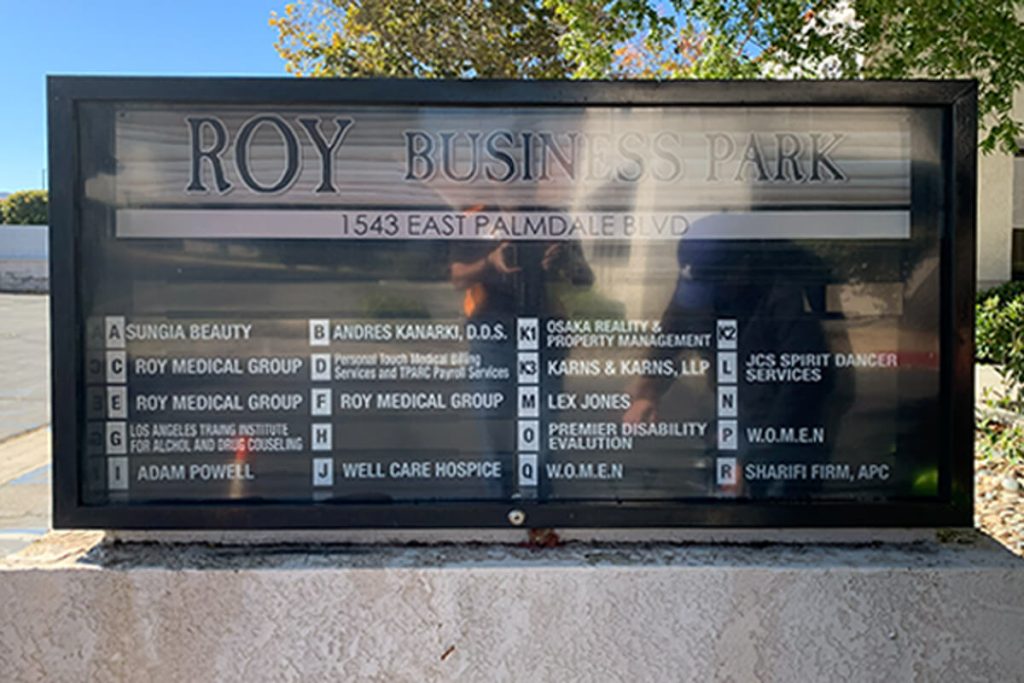 Wayfinding and directional signage directory at commercial office complex